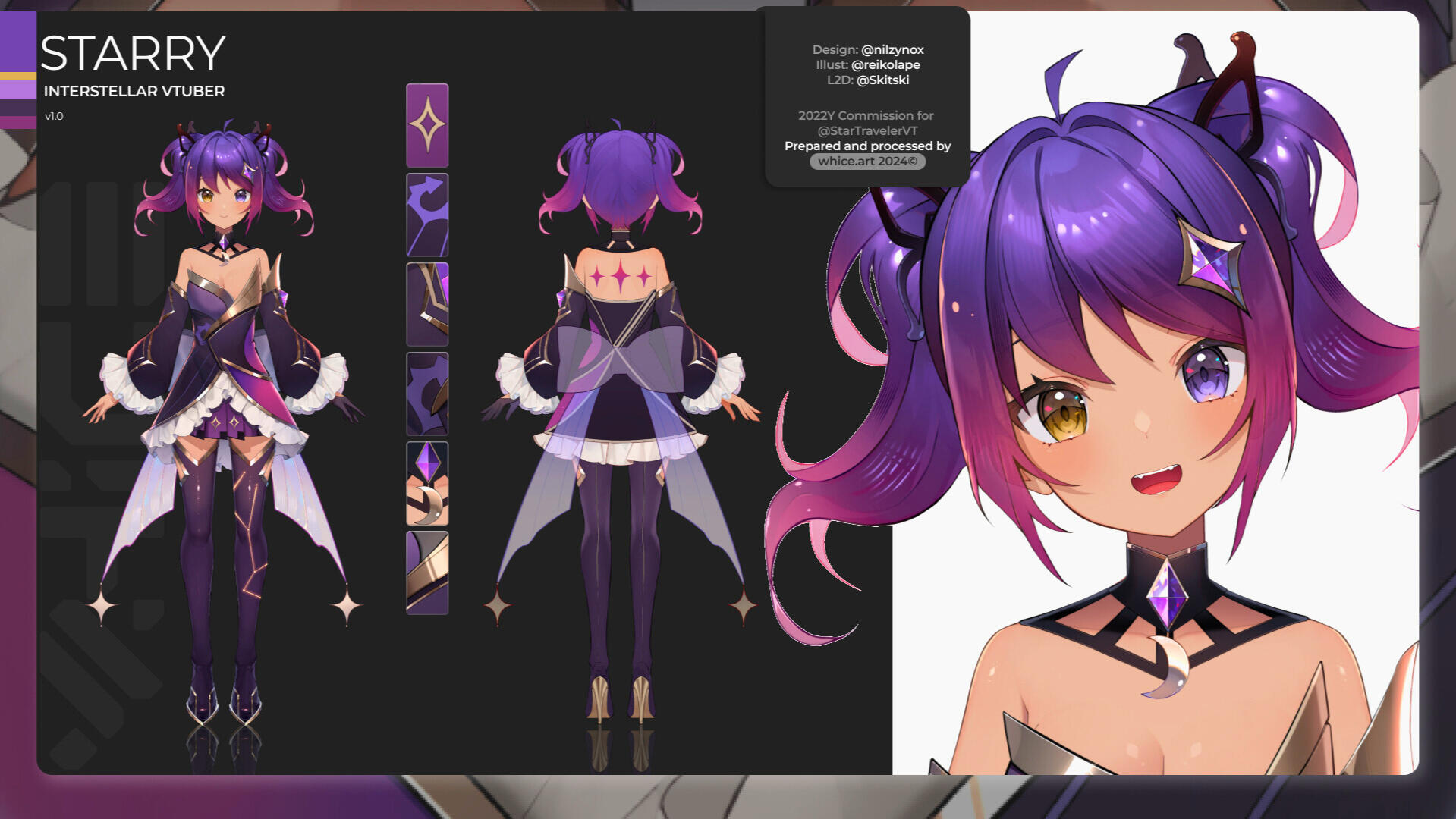 Starry reference sheet Starry's reference sheet. It shows a front view, a back view, and a smiling Starry.