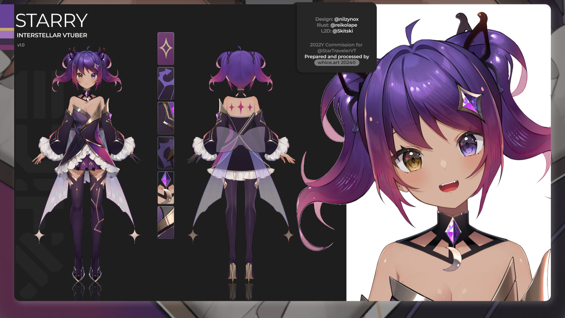 Starry reference sheet Starry's reference sheet. It shows a front view, a back view, and a smiling Starry.